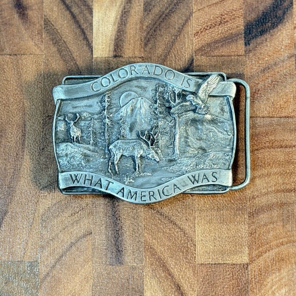 1981 "Colorado Is What America Was" Bergamot Brass Belt Buckle Silver Elk Eagle